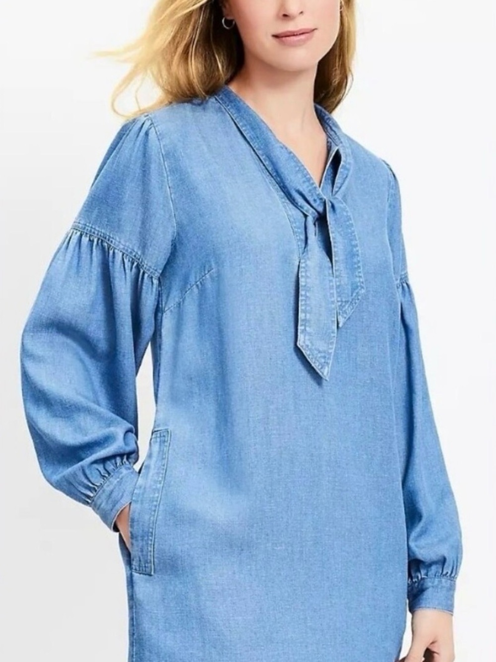 LOFT Light Blue chambray denim Tie-Neck Denim Tunic dress NWOT Size XS
